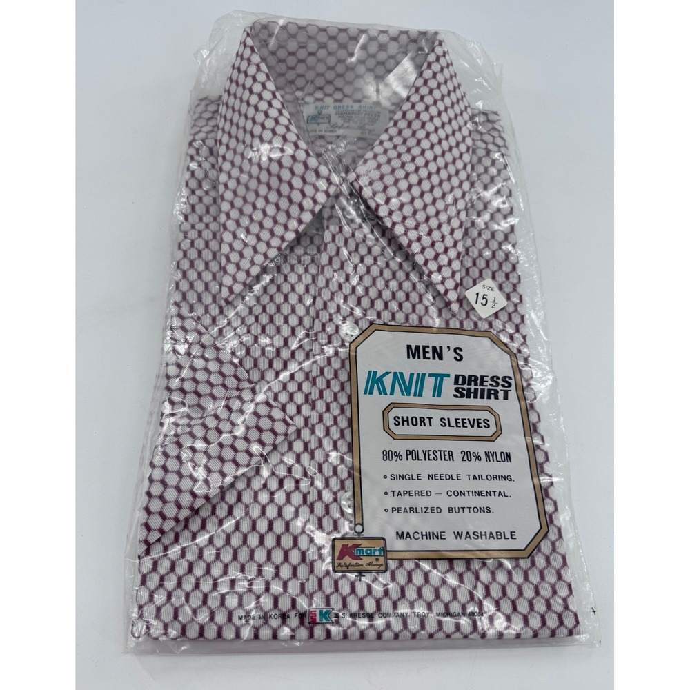 Kmart Knit Dress Shirt Mens 15.5 Burgundy Geometric Honeycomb Vintage Retro New